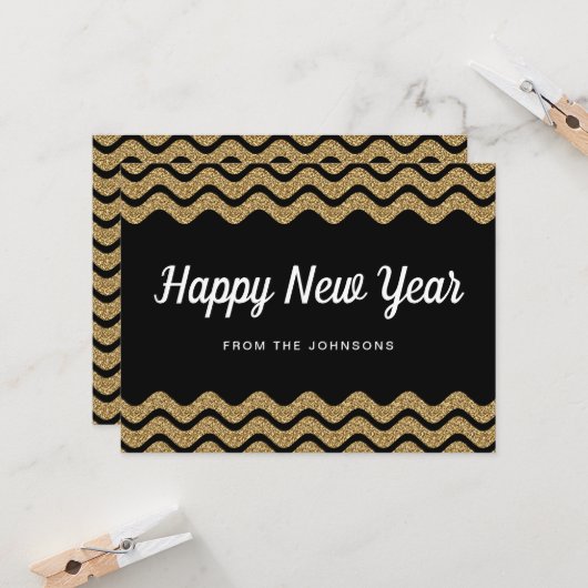 Gouden Glitter Witte Chevron Strepen Nieuwjaar Kaart (Voorkant / Achterkant in situ)