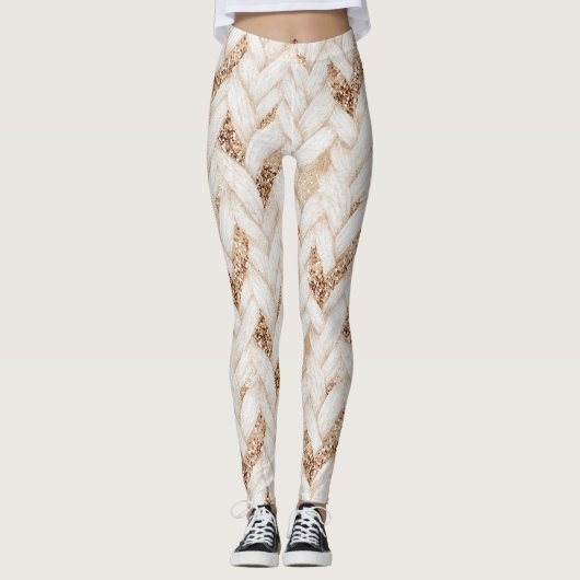 Gouden Glitter Witte Geweven Nep Stof Leggings (Voorkant)
