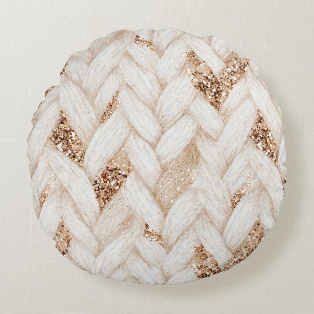 Gouden Glitter Witte Geweven Nep Stof   Rond Kussen (Voorkant)