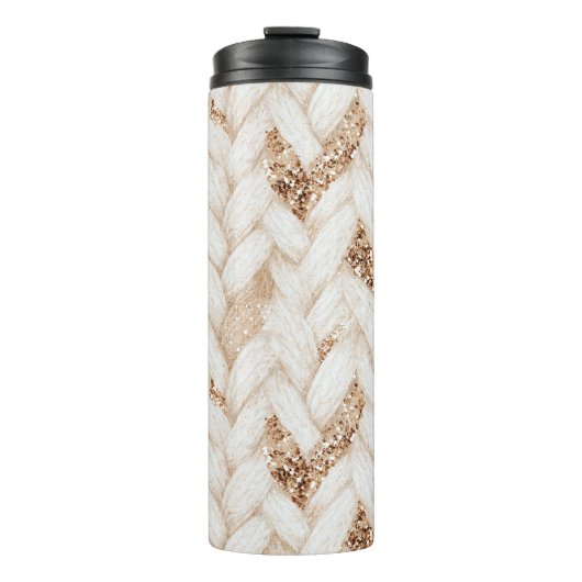 Gouden Glitter Witte Geweven Nep Stof Thermosbeker (Voorkant)