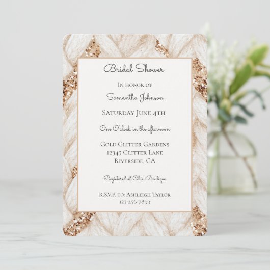 Gouden Glitter Witte Geweven Stof Bruidsdouche   Kaart (Staand voorkant)