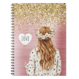 Gouden Glitter Witte Hartjes Ballon Rode Kop Vrouw Notitieboek