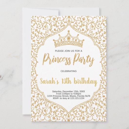 Gouden Glitter Witte Prinses Verjaardag Kaart (Voorkant)