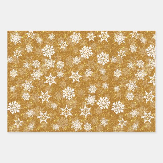 Gouden Glitter Witte Sneeuwvlokken Strepen Sterren Inpakpapier Vel (Voorkant)