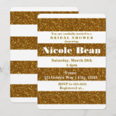 Gouden Glitter & Witte Strepen Glamour Uitnodiging (Voorkant / Achterkant)
