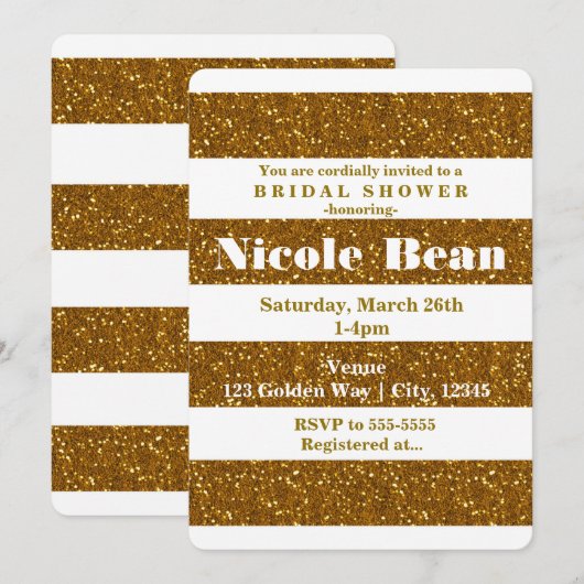 Gouden Glitter & Witte Strepen Glamour Uitnodiging (Voorkant / Achterkant)