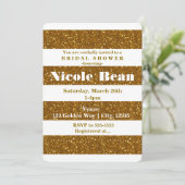 Gouden Glitter & Witte Strepen Glamour Uitnodiging (Staand voorkant)