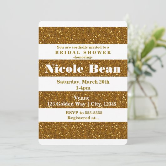 Gouden Glitter & Witte Strepen Glamour Uitnodiging (Staand voorkant)