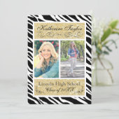 Gouden Glitter Zebra Afstudeeraankondiging Kaart (Staand voorkant)