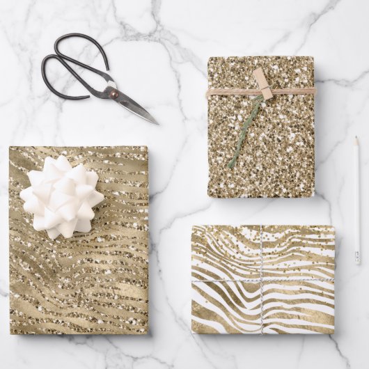 Gouden Glitter Zebra Print Sparkle Inpakpapier Vel (Voorkant)