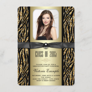 Gouden Glitter Zebrapatroon Afstudeeruitnodiging Kaart