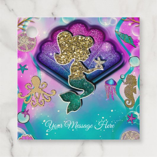 Gouden Glitter Zeemeermin Holding Zeester Verjaard Bedankjes Labels (Voorkant)