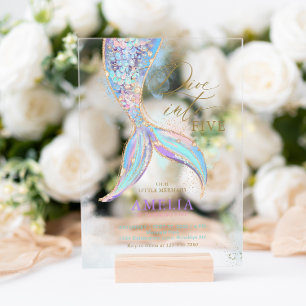 Gouden Glitter Zeemeermin Staart Duik in Kids Verj Acryl Uitnodigingen