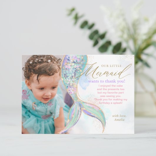 Gouden Glitter Zeemeermin Staart Onder Het Zee Fot Bedankkaart (Staand voorkant)