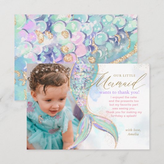 Gouden Glitter Zeemeermin Staart Onder Het Zee Fot Bedankkaart (Voorkant / Achterkant)