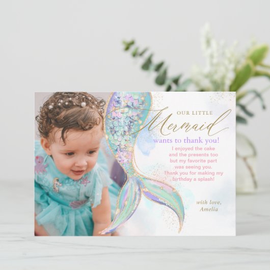 Gouden Glitter Zeemeermin Staart Onder Het Zee Fot Bedankkaart (Staand voorkant)