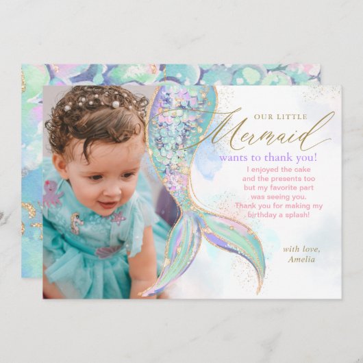 Gouden Glitter Zeemeermin Staart Onder Het Zee Fot Bedankkaart (Voorkant / Achterkant)