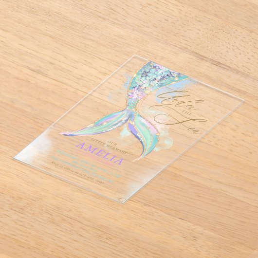 Gouden Glitter Zeemeermin Staart Onder Het Zee Ver Acryl Uitnodigingen (Laagn)