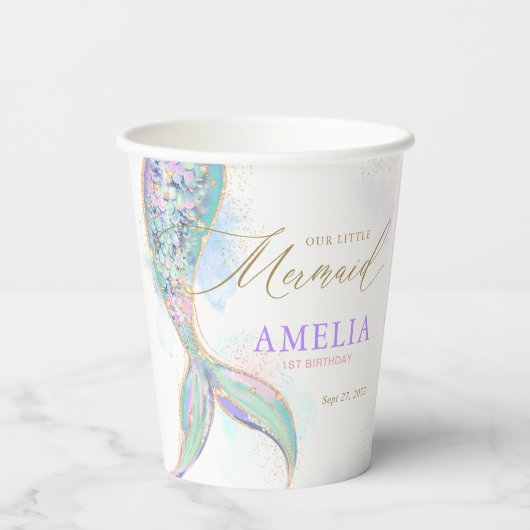 Gouden Glitter Zeemeermin Staart Onder Het Zee Ver Papieren Bekers (Achterkant)