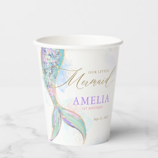 Gouden Glitter Zeemeermin Staart Onder Het Zee Ver Papieren Bekers (Voorkant)