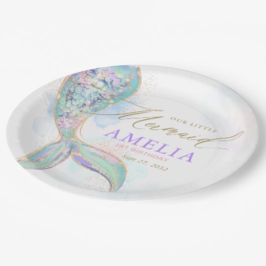 Gouden Glitter Zeemeermin Staart Onder Het Zee Ver Papieren Bordje (Gekanteld)