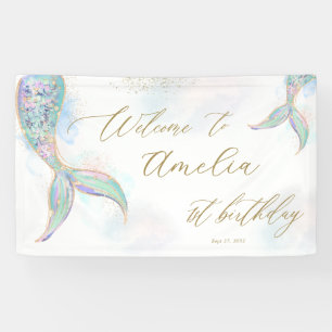 Gouden Glitter Zeemeermin Staart Welkom 1e Verjaar Spandoek