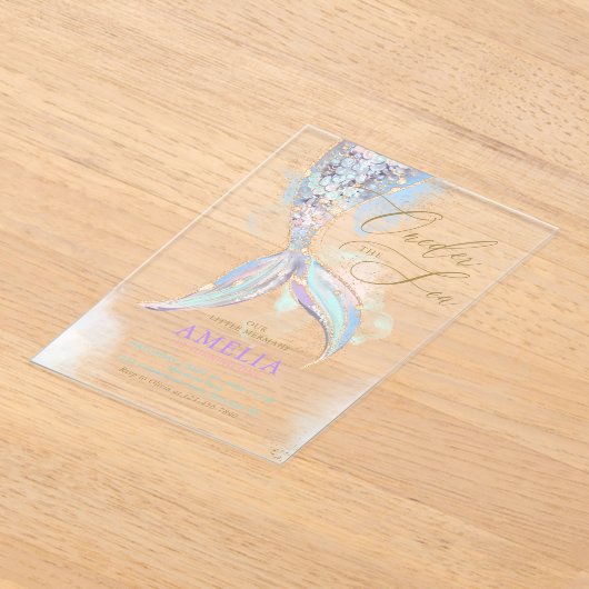 Gouden Glitter Zeemeerminnenstaart Verjaardag onde Acryl Uitnodigingen (Laagn)