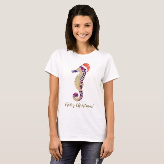 Gouden Glitter Zeepaard Kerstman Vrolijk Kerstfees T-shirt (Voorkant volledig)