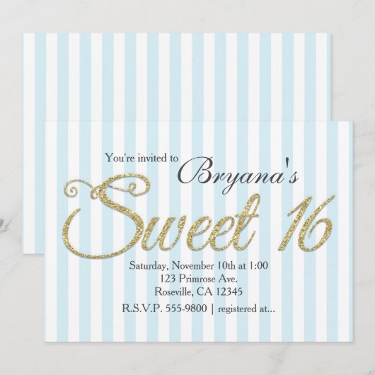 GOUDEN GLITTER ZOET 16 Blue Party uitnodigingen (Voorkant / Achterkant)