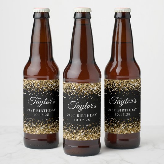 Gouden Glitter Zwart 21e verjaardag Bier Etiket (Flessen)
