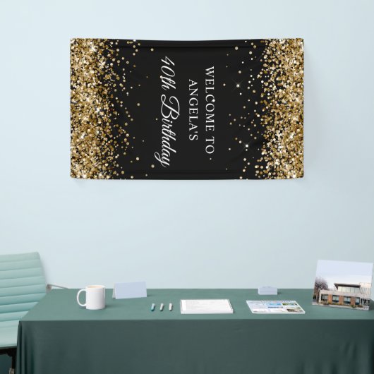 Gouden Glitter Zwart 40e Verjaardag Verticaal Spandoek (Beurs)