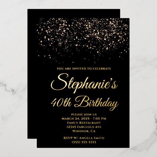 Gouden Glitter Zwart 40ste verjaardag Folie Uitnodiging (Voorkant / Achterkant)