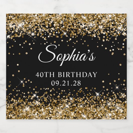Gouden Glitter Zwart 40ste verjaardag Likeurfles Etiket (Enkel label)