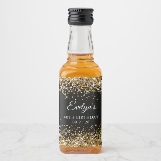 Gouden Glitter Zwart 40ste verjaardag Likeurfles Etiket (Voorkant)