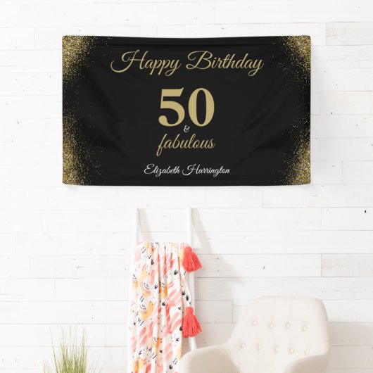 Gouden glitter zwart 50 en fantastische verjaardag spandoek (Insitu)