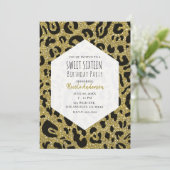Gouden Glitter Zwart Cheetah Leopard Sweet 16 Part Kaart (Staand voorkant)