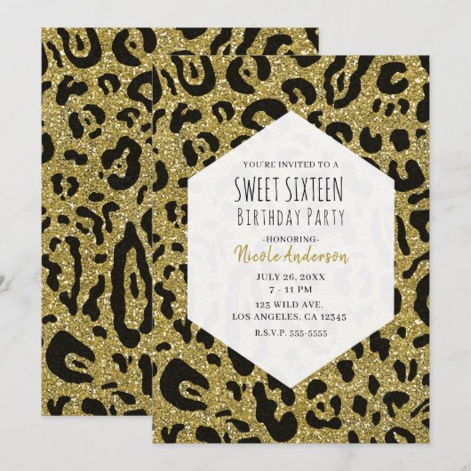 Gouden Glitter Zwart Cheetah Leopard Sweet 16 Part Kaart (Voorkant / Achterkant)