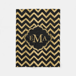 Gouden Glitter Zwart Chevron Zigzag Patroon Monogr Fleece Deken