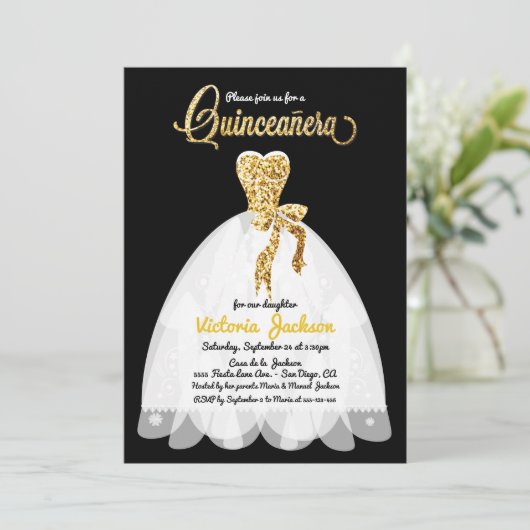 Gouden Glitter zwart en wit Quinceañera Kaart (Staand voorkant)