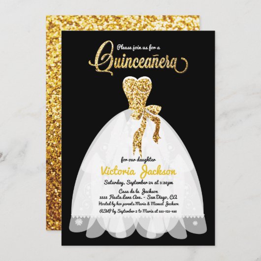 Gouden Glitter zwart en wit Quinceañera Kaart (Voorkant / Achterkant)