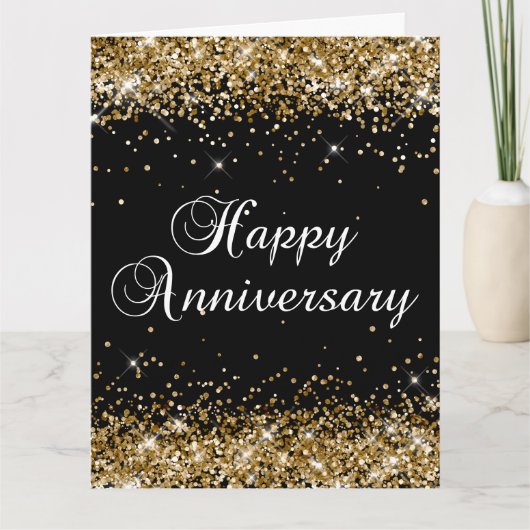 Gouden Glitter Zwart Gelukkig Jubileum Kaart (Voorkant)