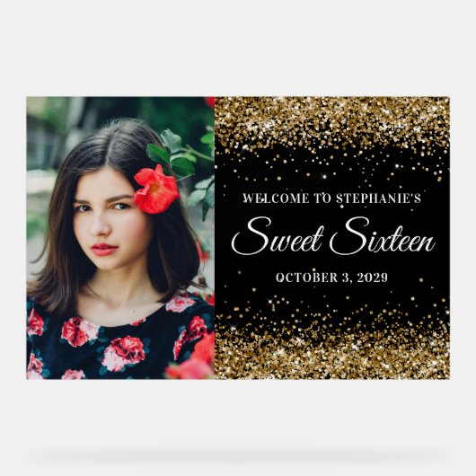 Gouden Glitter Zwart Lief Zestien Welkom Groot Acryl Bord (Voorkant)