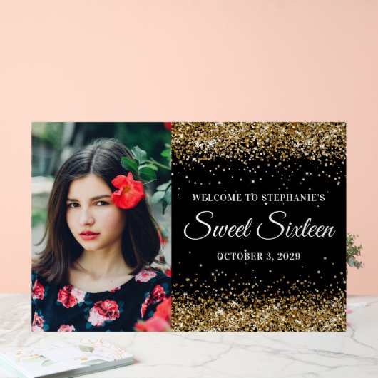 Gouden Glitter Zwart Lief Zestien Welkom Groot Acryl Bord (Huwelijk)