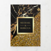 Gouden Glitter Zwart Marmeren Foto Bruiloft Drieluik Uitnodiging (Cover)