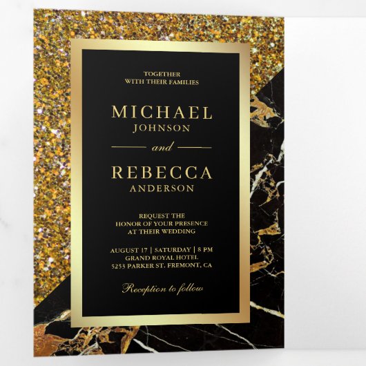 Gouden Glitter Zwart Marmeren Foto Bruiloft Drieluik Uitnodiging (Binnenzijde eerst)