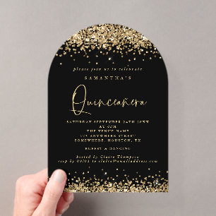 Gouden glitter Zwart Quinceanera verjaardagsfeestj Acryl Uitnodigingen