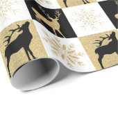 Gouden Glitter Zwart Rendier Sneeuwvlokken Geruit Cadeaupapier (Rol Hoek)