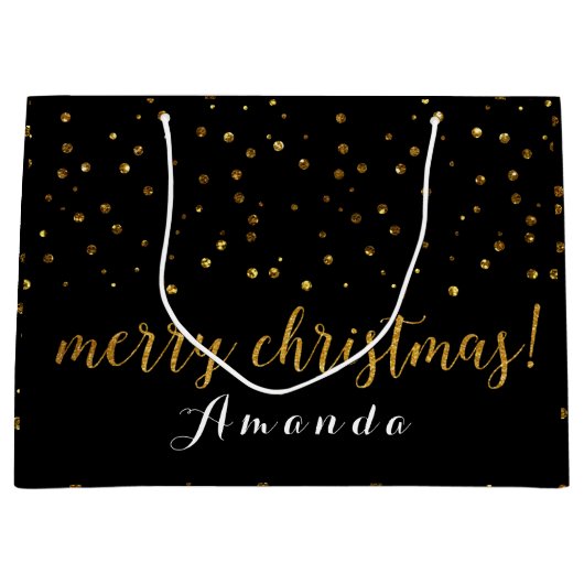Gouden Glitter Zwart Vrolijk Kerstmis Polka Dots Groot Cadeauzakje (Voorkant)