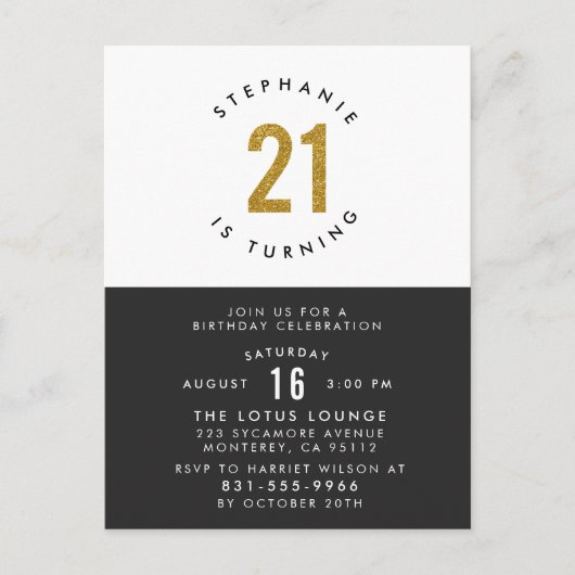Gouden Glitter Zwart Wit & Goud 21ste Verjaardag Uitnodiging Briefkaart (Voorkant)