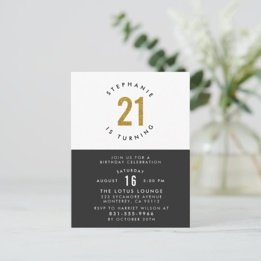 Gouden Glitter Zwart Wit & Goud 21ste Verjaardag Uitnodiging Briefkaart (Staand voorkant)